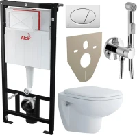 Комплект Унитаз подвесной Duravit D-code 45700900A1 безободковый + Инсталляция AlcaPlast A101 Sadromodul + Кнопка ALCA M70 белая + Звукоизоляция + Гигиенический душ Rossinka X X25-51 со смесителем, С ВНУТРЕННЕЙ ЧАСТЬЮ