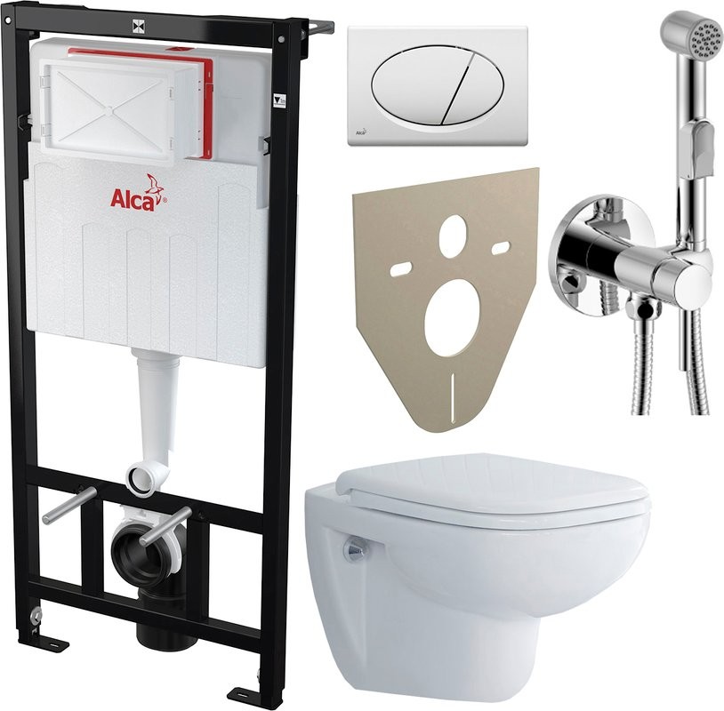 Комплект Унитаз подвесной Duravit D-code 45700900A1 безободковый + Инсталляция AlcaPlast A101 Sadromodul + Кнопка ALCA M70 белая + Звукоизоляция + Гигиенический душ Rossinka X X25-51 со смесителем, С ВНУТРЕННЕЙ ЧАСТЬЮ