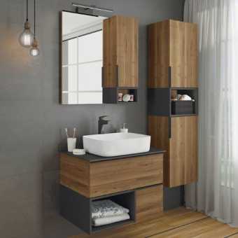 Мебель для ванной Comforty Штутгарт 75 подвесная, дуб тёмно-коричневый, с черной столешницей