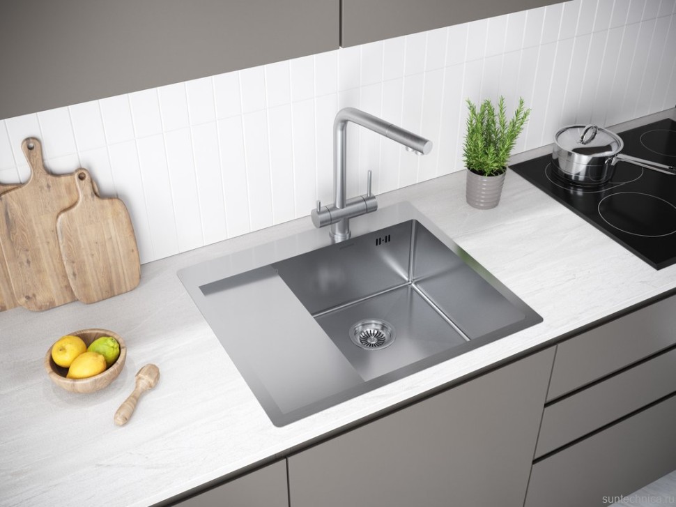 Комплект Мойка Paulmark Kroner PM225951-BSR брашированная нержавеющая сталь R + Измельчитель Intenso