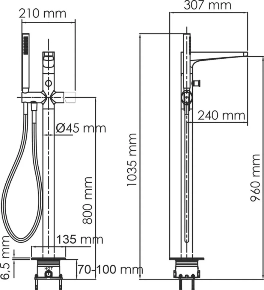 Напольный смеситель для ванны с душем Wasserkraft Sauer 7121 С ВНУТРЕННЕЙ ЧАСТЬЮ, глянцевое золото