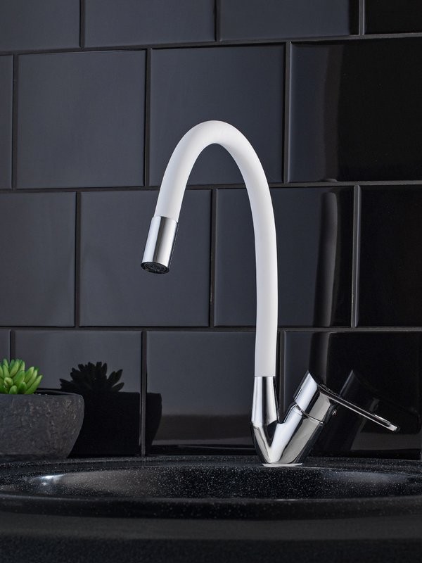 Смеситель для кухни РМС SL137W 016F хром, белый, с гибким изливом