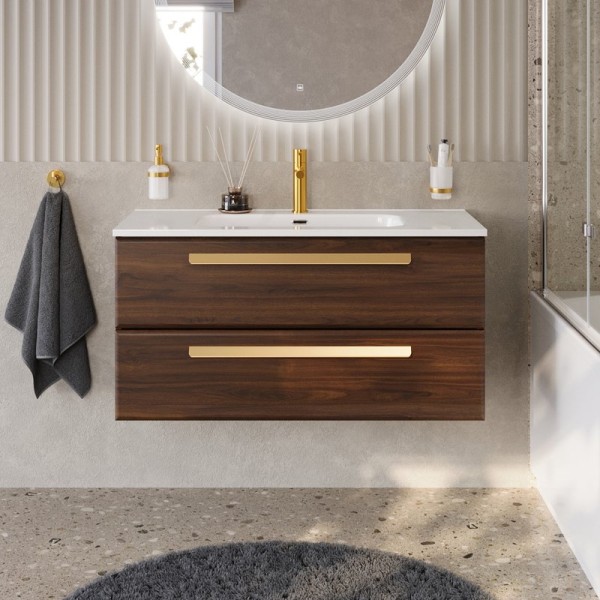 Тумба с раковиной Cezares Eco Cer-N 100 орех шоколад софт, раковина Duet 100, ручки сатиновое золото