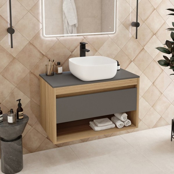 Тумба с раковиной Teymi Ritta 85 дуб эврика, матовый графит, раковина Solli 41