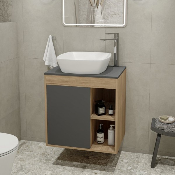 Тумба с раковиной Teymi Nura 60 дуб эврика, матовый графит, раковина Kati 43