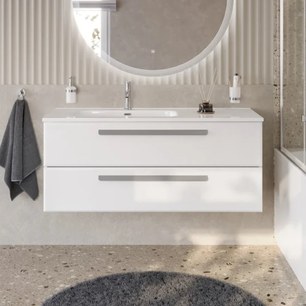 Тумба с раковиной Cezares Eco Cer-N 120 L bianco lucido, раковина Duet 120 L, ручки серые