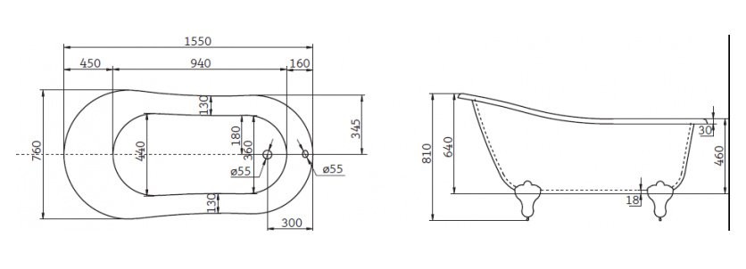 Акриловая ванна BelBagno BB06-1550-BRN 155x75 см, правая, отдельностоящая, белая, овальная, фурнитура бронза