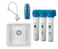 Комплект Мойка кухонная Paulmark Unter 50 PM204543-WH белая + Смеситель Siegen Si213111-431TW белый матовый с гибким изливом + Измельчитель Intenso I-PRO 1000 + Фильтр Refine System