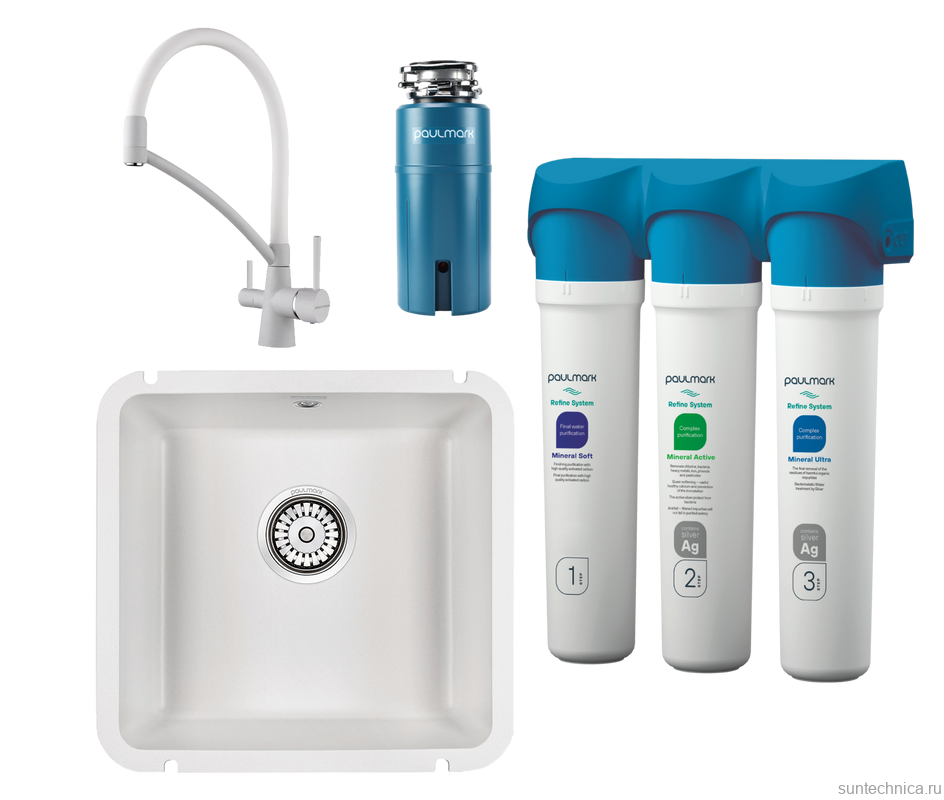 Комплект Мойка кухонная Paulmark Unter 50 PM204543-WH белая + Смеситель Siegen Si213111-431TW белый матовый с гибким изливом + Измельчитель Intenso I-PRO 1000 + Фильтр Refine System