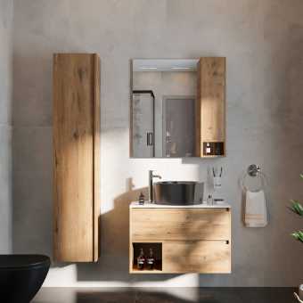 Мебель для ванной STWORKI Карлстад 75 дуб рустикальный, простоун беж, с раковиной на выбор