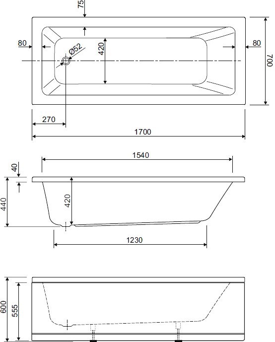 Акриловая ванна Cezares Plane Solo Mini 170x70 см, пристенная, белая, на ножках