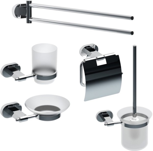 Набор Мыльница Ravak Chrome CR 200.00 с держателем + Стакан CR 210.00 + Полотенцедержатель CR 340.00 + Ершик CR 410.00 + Держатель CR 400.00