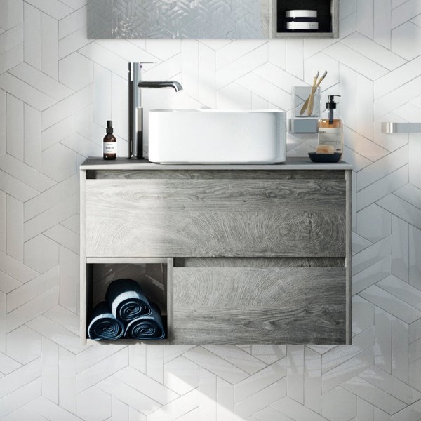 Тумба под раковину со столешницей STWORKI Карлстад 75 дуб рошелье, роверелла, с отверстием для смесителя