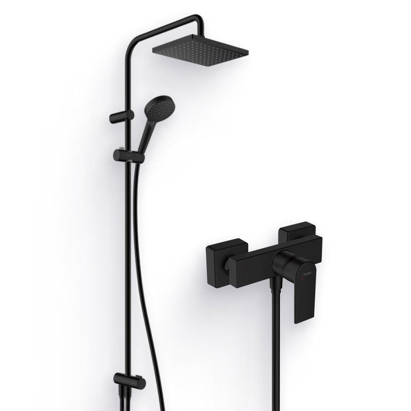 Душевой комплект Смеситель для душа Hansgrohe Vernis Shape 71650670 черный + Стойка 26289670 Showerpipe 230 1jet Reno EcoSmart, черный