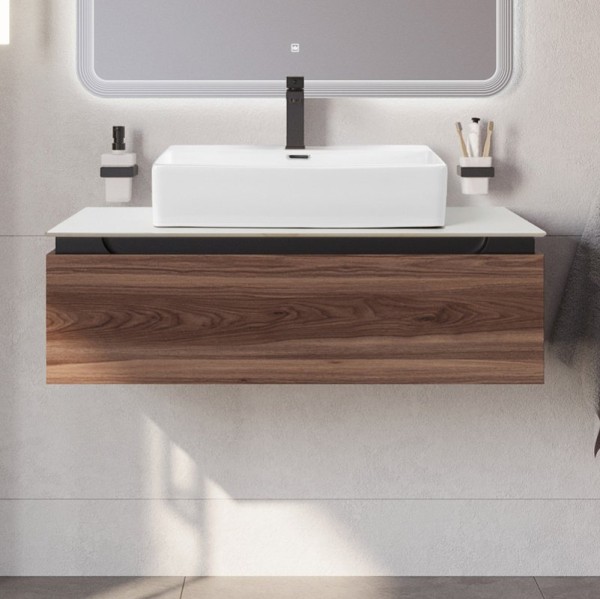 Тумба под раковину со столешницей Cezares Slider 100 подвесная, 1 ящик, дымчатый орех, со столешницей bianco opaco