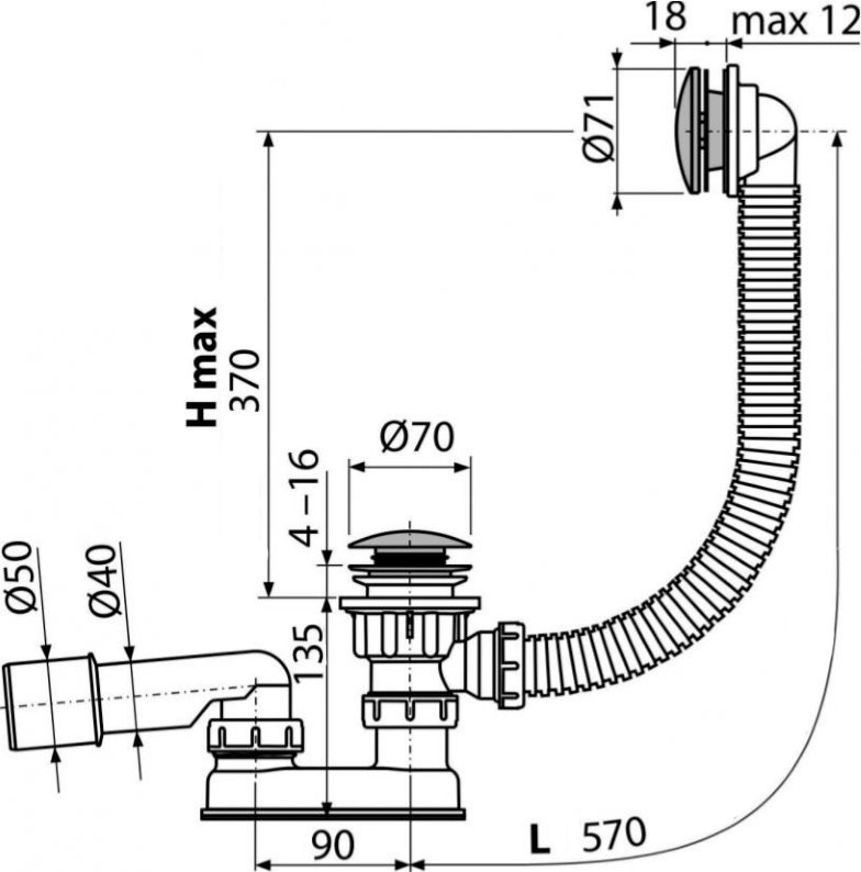 Слив-перелив для ванны AlcaPlast A504CKM 52 мм, клик-клак, хром, с сифоном