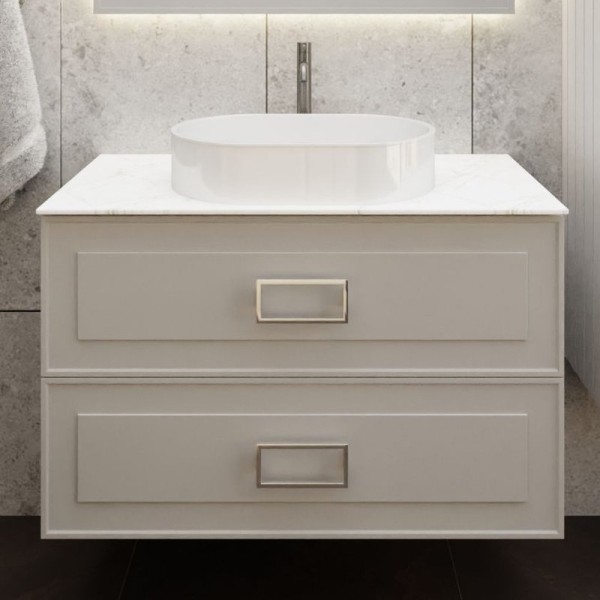 Тумба под раковину со столешницей La Fenice Cubo Twin 80 подвесная, cappuccino , бежевая матовая, столешница белый мрамор