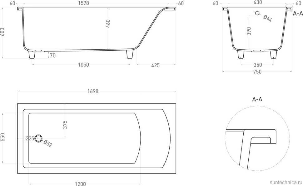 Ванна из искусственного камня Salini Cascata S-Sense 170x75 см, встраиваемая, белая, на ножках
