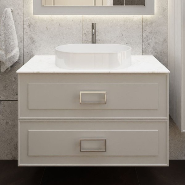 Тумба под раковину со столешницей La Fenice Cubo Twin 100 подвесная, cappuccino , бежевая матовая, столешница белый мрамор