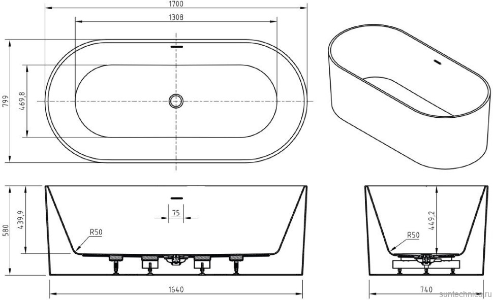 Акриловая ванна BelBagno BB705-1700-800 170x80 см, отдельностоящая, белая, овальная, на ножках, со сливом-переливом, с донным клапаном