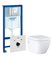 Комплект Унитаз подвесной Grohe Euro Ceramic 39703000 безободковый + Инсталляция Rapid SL 38775001 4 в 1 с кнопкой смыва