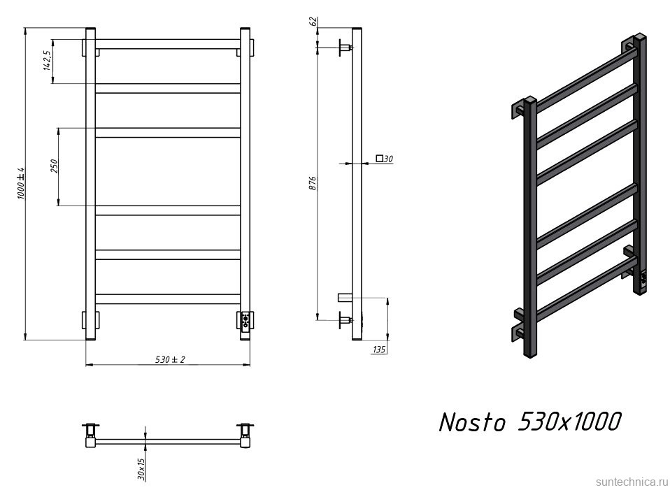 Полотенцесушитель электрический Grota Nosto 530х1000 NM EL 100x55 см, подключение справа, слева, скрытое подключение справа, матовый хром, лесенка