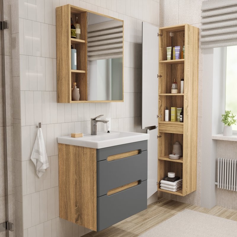 Тумба с раковиной SanStar Diva 60 подвесная, графит софт, дуб вотан, раковина Фостер 60