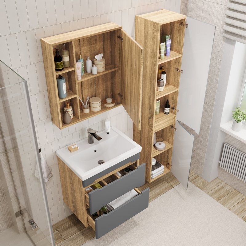 Тумба с раковиной SanStar Diva 60 подвесная, графит софт, дуб вотан, раковина Фостер 60