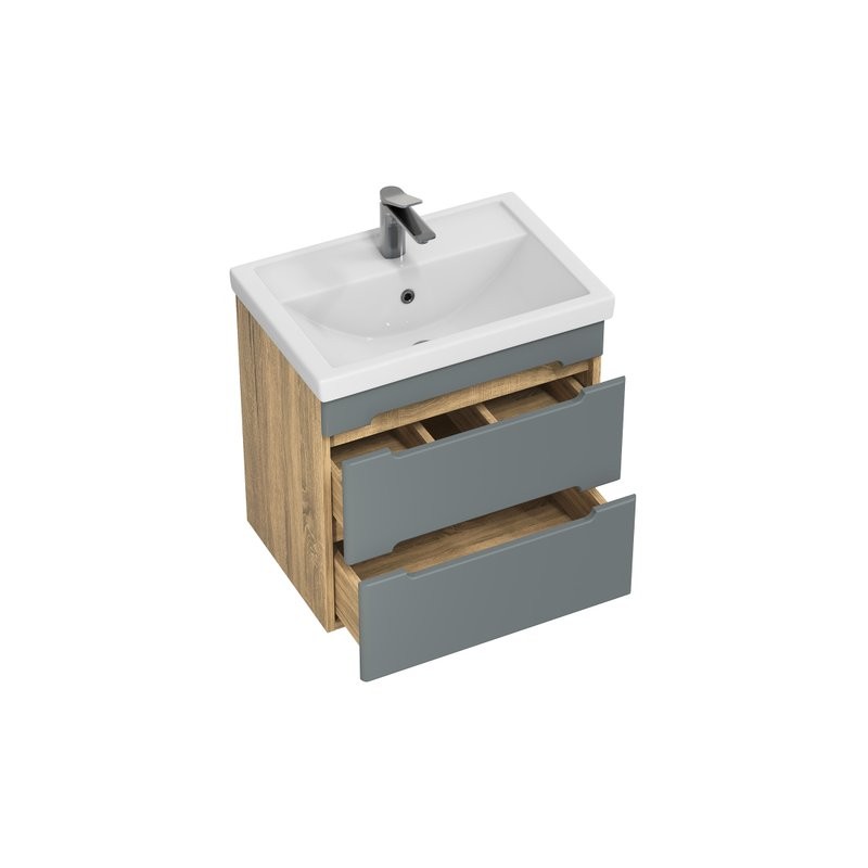 Тумба с раковиной SanStar Diva 60 подвесная, графит софт, дуб вотан, раковина Фостер 60