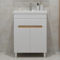 Тумба с раковиной SanStar Модена 50 напольная, глянцевая белая, дуб вотан, раковина Фостер 50