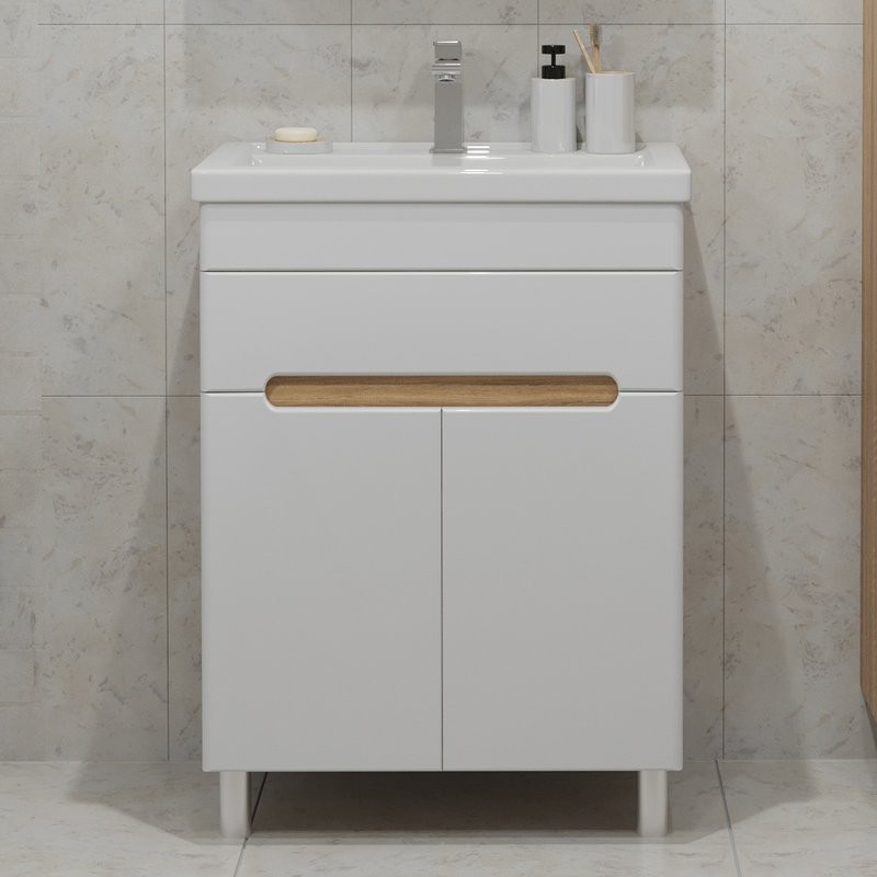 Тумба с раковиной SanStar Модена 50 напольная, глянцевая белая, дуб вотан, раковина Фостер 50