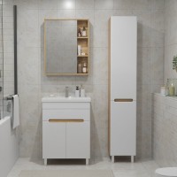 Тумба с раковиной SanStar Модена 50 напольная, глянцевая белая, дуб вотан, раковина Фостер 50