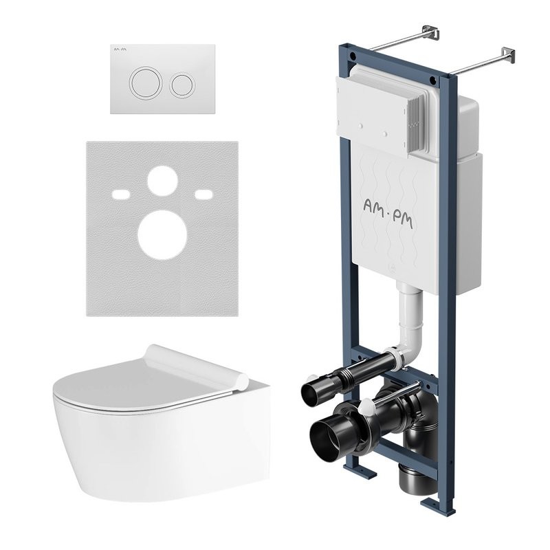 Комплект Унитаз подвесной Damixa Jupiter DX77C1700SC безободковый, с микролифтом + Инсталляция AM.PM ErgoFit I012711.0101 с кнопкой ErgoFit L белый глянец