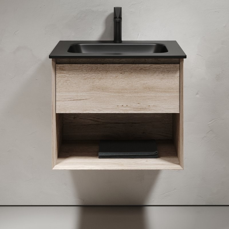 Мебель для ванной комнаты Sancos Marmi 1.0 60 черная раковина, дуб галифакс натуральный