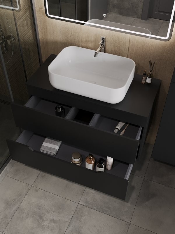 Мебель для ванной комнаты Orange Line 100 подвесная, 2 ящика, матовая черная с раковиной B03-600W