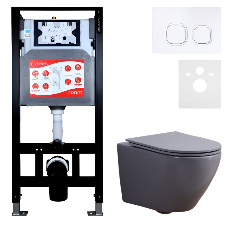 Комплект 3 в 1 Унитаз подвесной Esbano Azalea ESUPAZALGM + Инсталляция Fram + Кнопка ESINLPS10GW цвет глянцевый белый