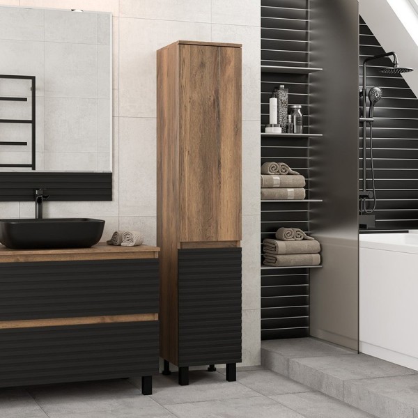 Шкаф пенал для ванной Brevita Dakota R, дуб галифакс олово, черный кварц