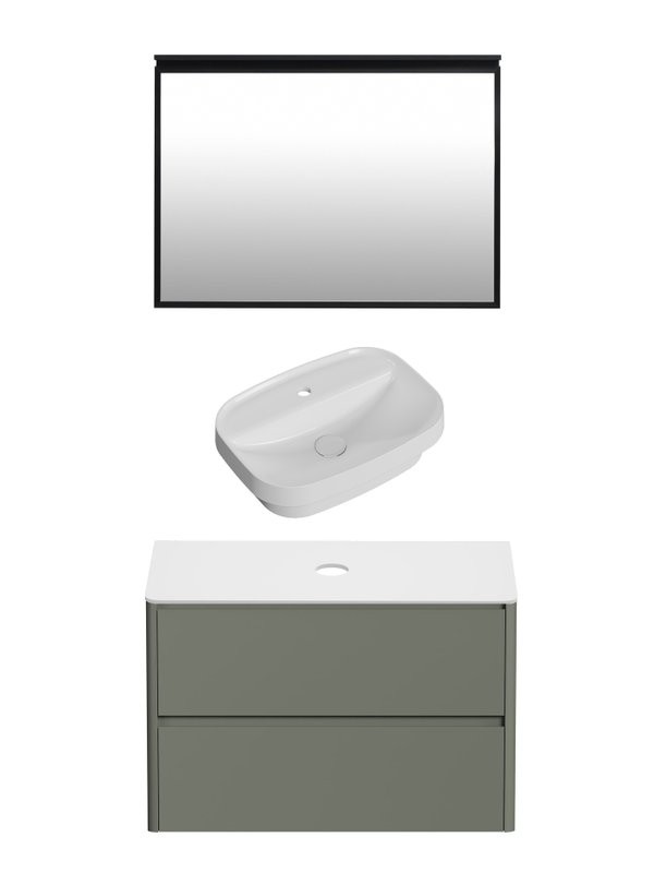 Мебель для ванной комнаты Allen Brau Gravity 100 2 ящика, матовая олива, столешница белая, раковина Fantasy Sphere 55х40, белая