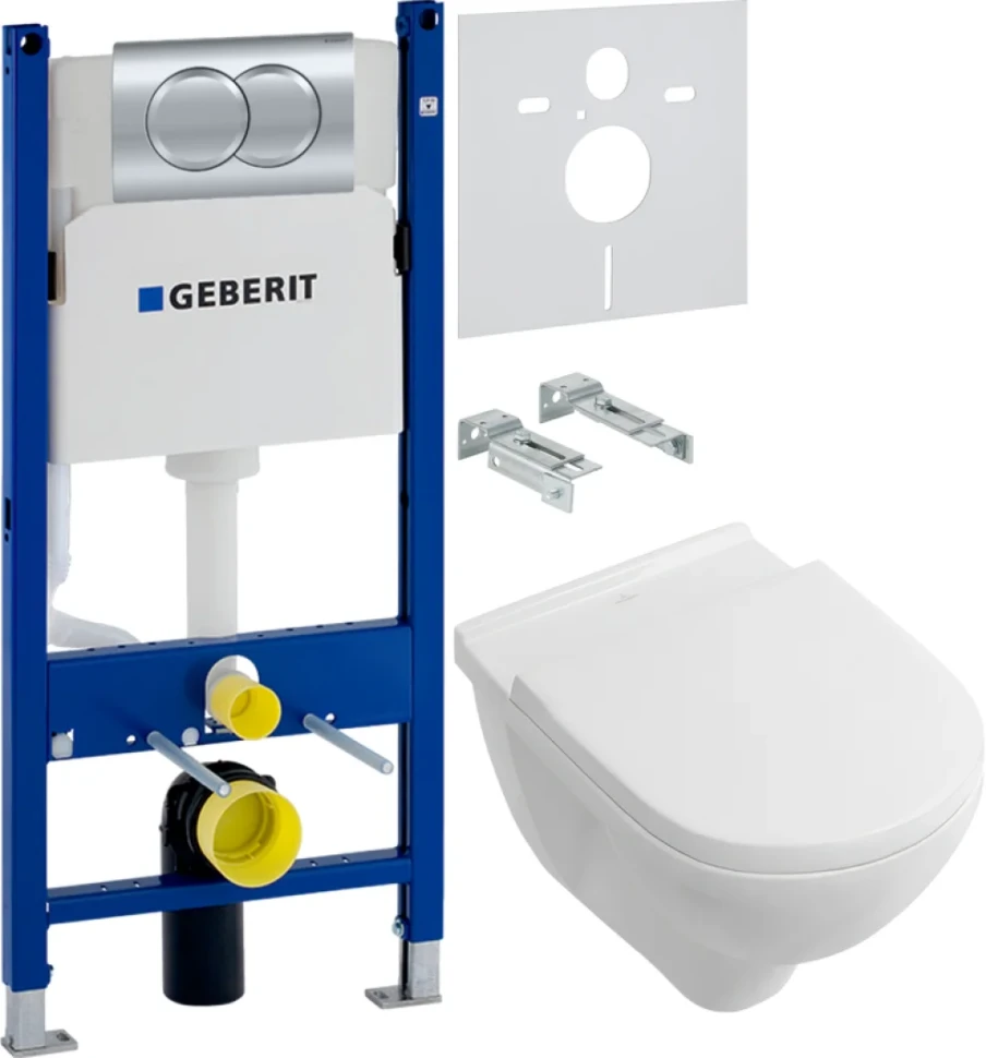 Комплект Унитаз подвесной Villeroy & Boch O.Novo 5660HR01 alpin, безободковый + Инсталляция Geberit Duofix Delta 458.149.21.1 с кнопкой смыва, хром + Звукоизоляция