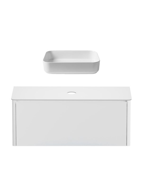 Тумба с раковиной Allen Brau Gravity 120 1 ящик, матовый белый, столешница белая, раковина Fantasy Quad 50, белая