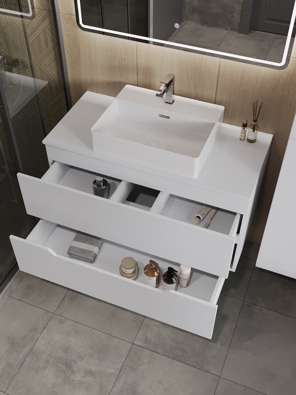 Мебель для ванной комнаты Orange Line 100 подвесная, 2 ящика, матовая белая с раковиной B04-500W