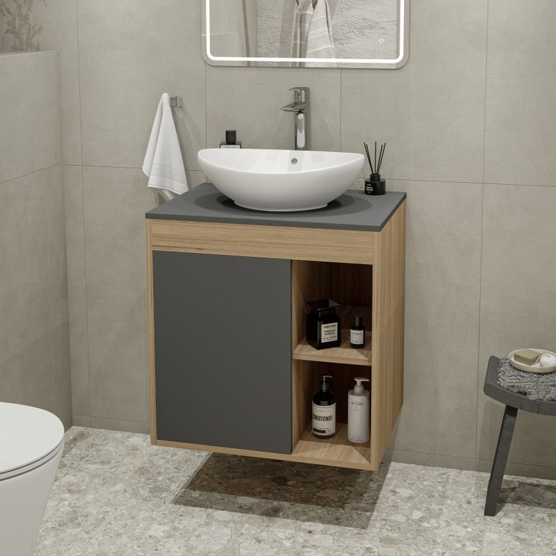 Тумба с раковиной Teymi Nura 60 дуб эврика, матовый графит, раковина Lori 60