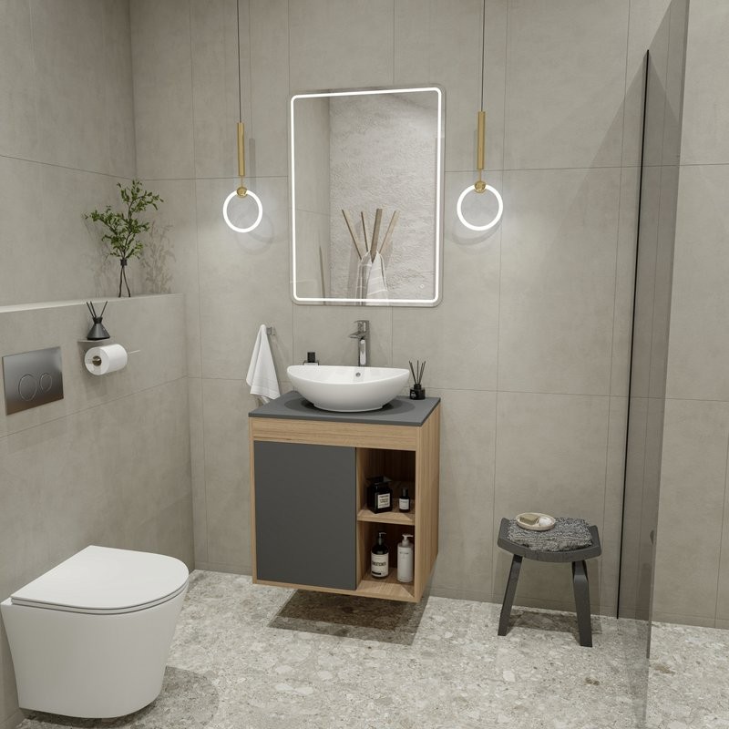 Тумба с раковиной Teymi Nura 60 дуб эврика, матовый графит, раковина Lori 60