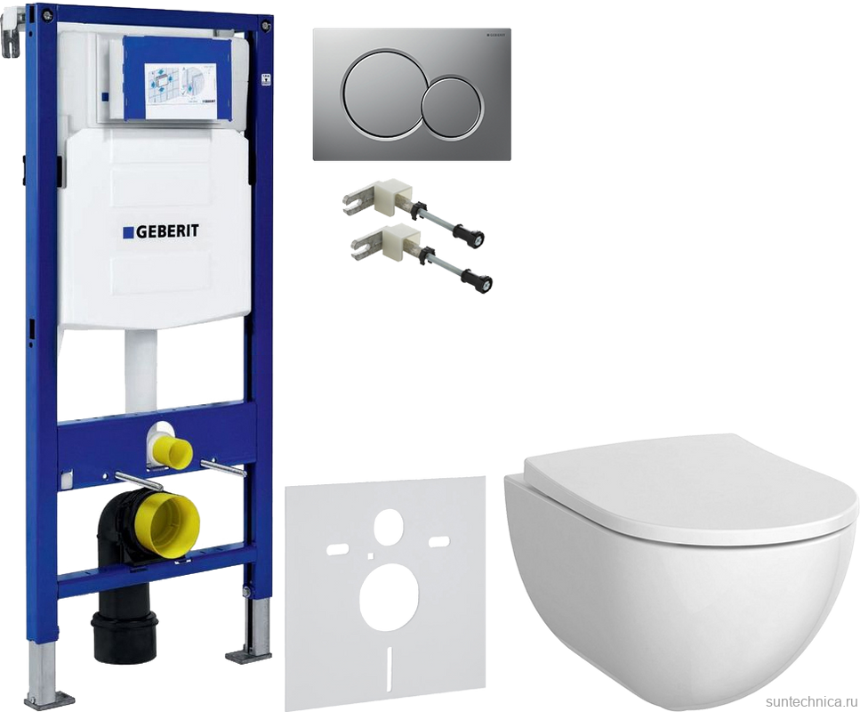 Комплект Унитаз подвесной Geberit Acanto + Крышка + Крепления Duofix 111.815.00.1 к стене + Звукоизоляция + Инсталляция UP 320 111.300.00.5 + Кнопка Sigma 01 115.770.JQ.5 лакированная, матовый хром