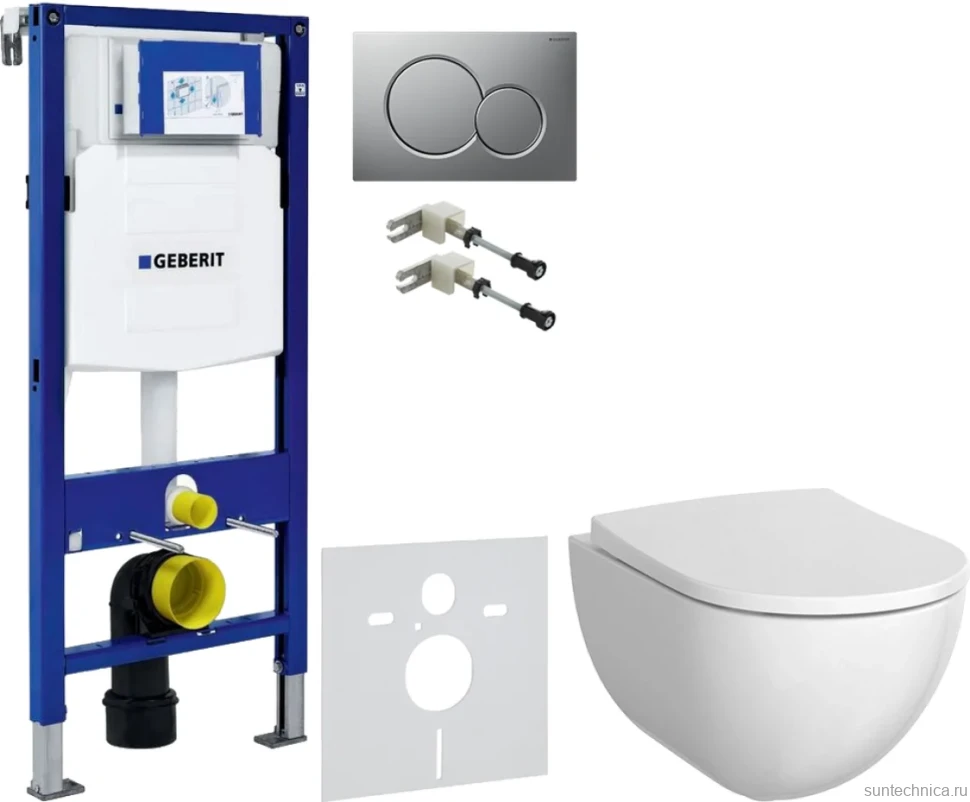Комплект Унитаз подвесной Geberit Acanto + Крышка + Крепления Duofix 111.815.00.1 к стене + Звукоизоляция + Инсталляция UP 320 111.300.00.5 + Кнопка Sigma 01 115.770.JQ.5 лакированная, матовый хром