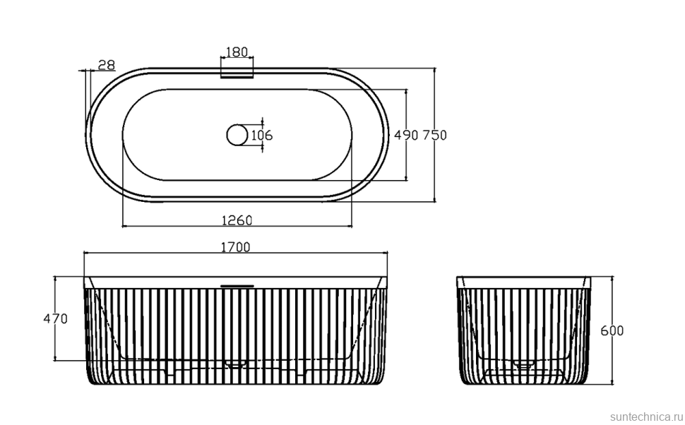 Ванна из искусственного камня AltroBagno Gianni 090215 170x75 см, отдельностоящая, овальная, на ножках, с донным клапаном, с подголовником