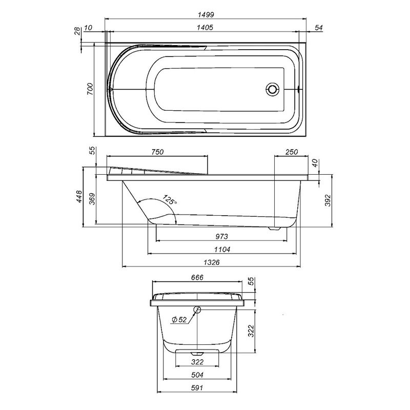 Акриловая ванна AM.PM Like 150x70 см, пристенная, белая, с каркасом