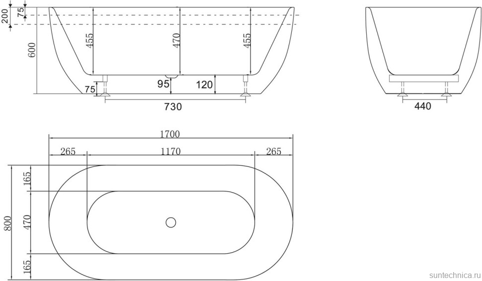 Акриловая ванна BelBagno BB70-1700-800 170x80 см, отдельностоящая, белая, овальная, на ножках, со сливом-переливом