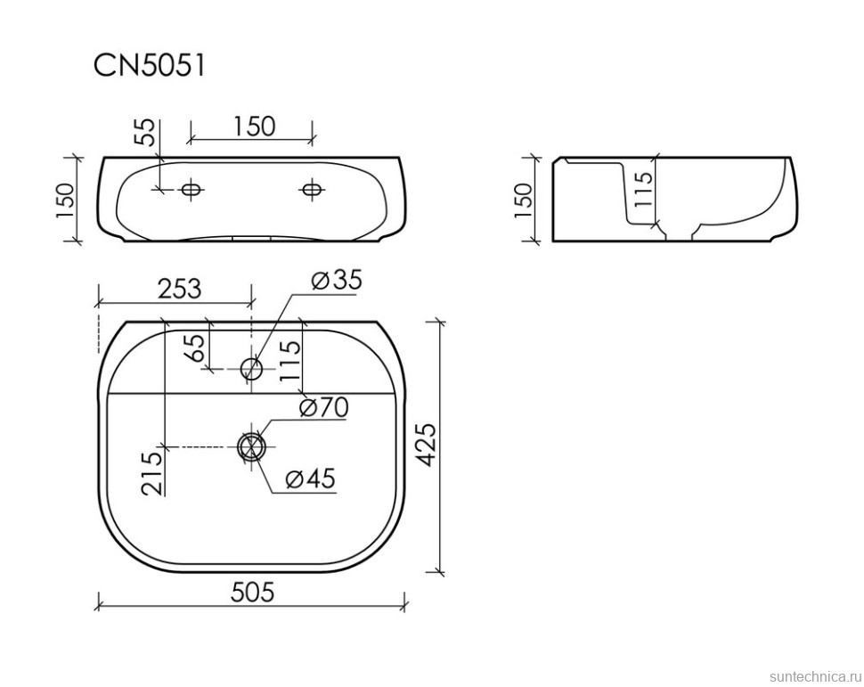 Раковина подвесная Ceramicanova Fonte с отверстием под смеситель, 500x425x145, белый, CN5051