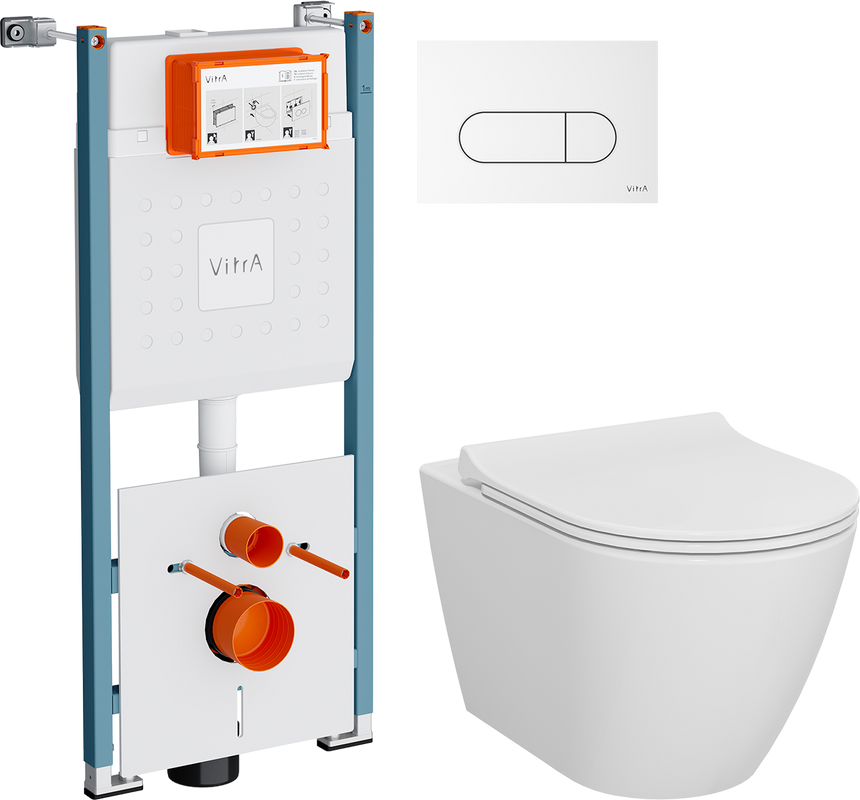 Комплект Унитаз подвесной VitrA Sanibelle 7551B003-0075 безободковый + Крышка 801-003-019 с микролифтом + Инсталляция V-Fix Core 732-5800-01PV + Кнопка Root Round 740-2200 белая глянцевая